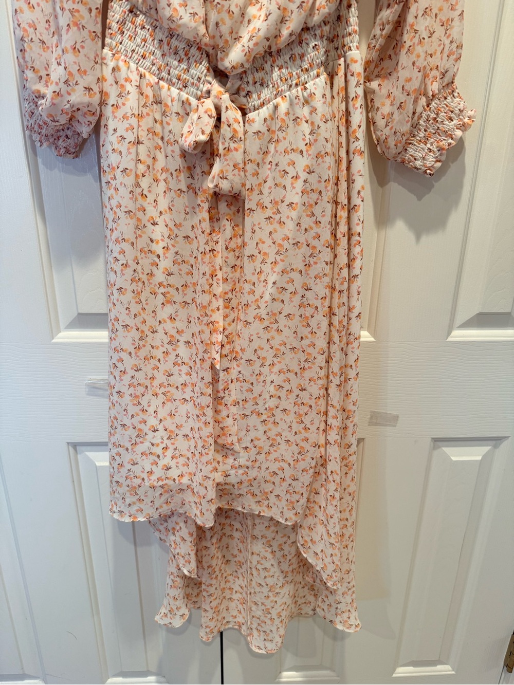 Luxology Long-Sleeve Floral Maxi High Low Dress in Cream and Coral Pink - Picture 4 of 8